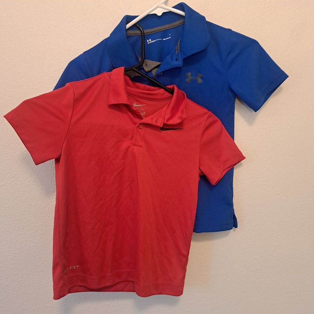 Nike Dri-FIT Red & Under Armour Blue Kids Performance Polo Shirt Lot 2pc